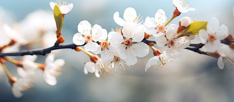 The apricot tree blossoms in spring displaying beautiful white flowers A macro image captures this natural seasonal background leaving space for text or other elements. Creative banner