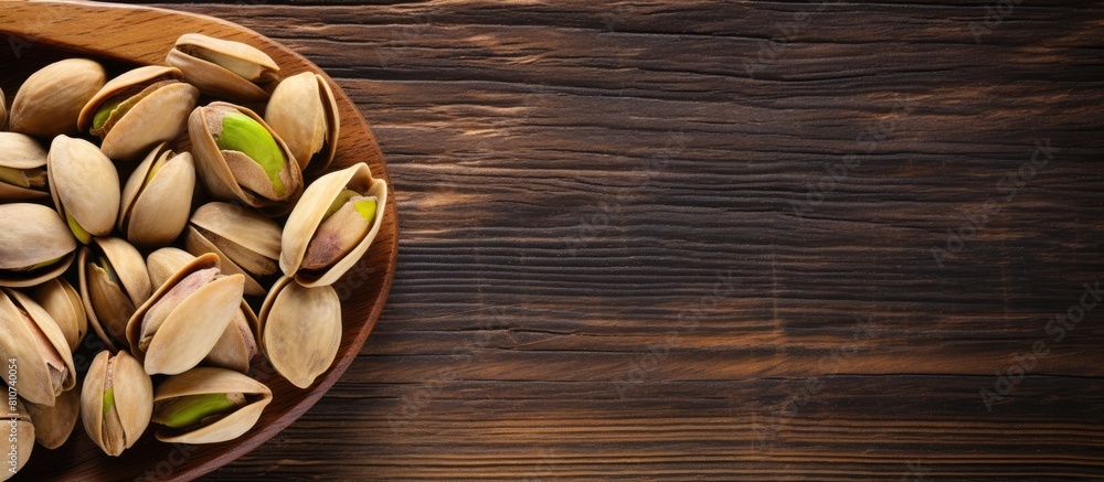 Poster a close up image of pistachios in a wooden spoon on a wooden table allowing for empty space in the p