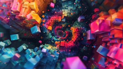 Ragecore inspired colorful swirls and cubes on black background with raw intensity