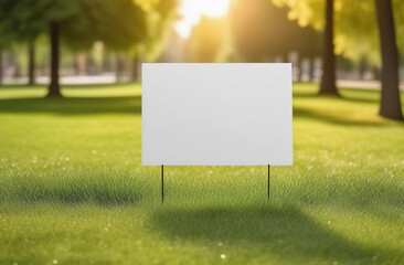 Blank yard sign on green grass. Yard sign mockup in the park