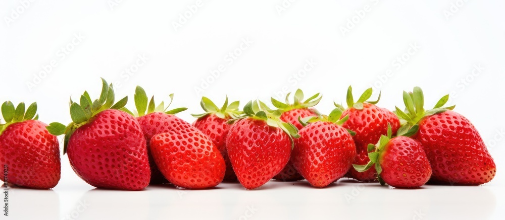 Aufkleber Close up image of fresh strawberries captured in a macro shot with a clean white background and ample space surrounding the berries