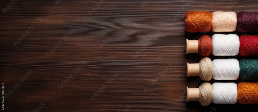 Poster top view of knitting threads on a wooden brown table with spokes the image offers copy space