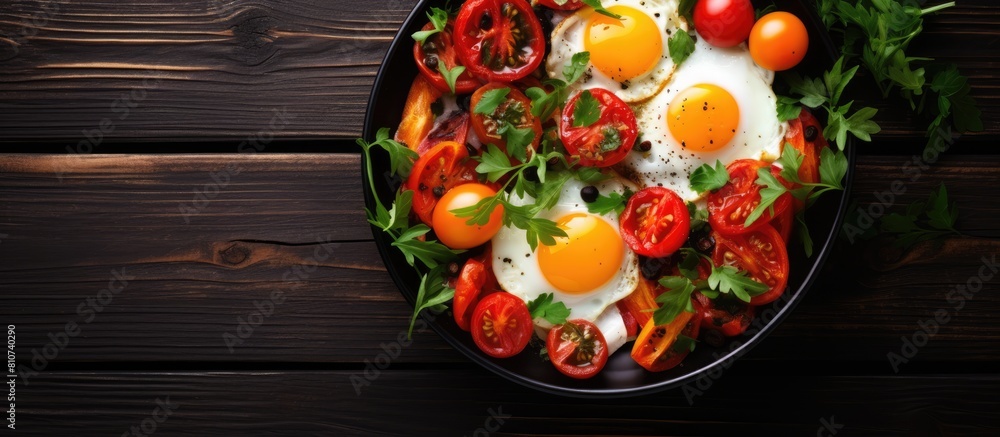 Poster top view of a delicious dish consisting of fried eggs tomatoes and fresh vegetables set against a bl