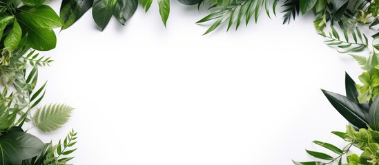 A leafy plant is placed inside a frame on a white background in this copy space image