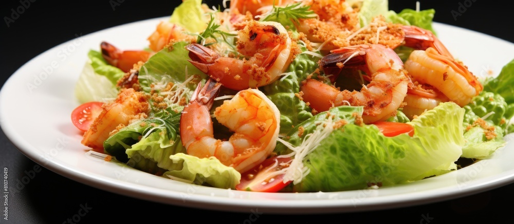 Poster A plate of Caesar salad with shrimp and a healthy diet option for weight loss with room for adding text. Creative banner. Copyspace image