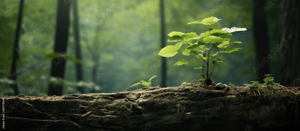 Poster a young tree is shown in the image growing on the side of the trunk. creative banner. copyspace imag