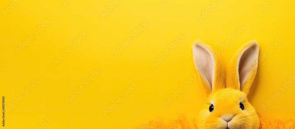 Aufkleber A yellow velvet bunny is displayed on a yellow background with copy space image at the top and bottom creating a flat lay easter and kids party concept
