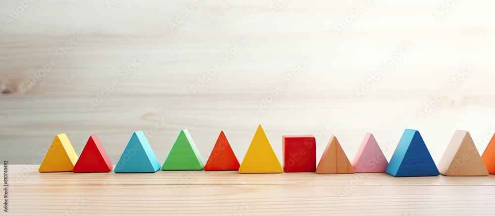 Poster child playing with colorful wooden bricks on a white wooden table in a learning and education concep