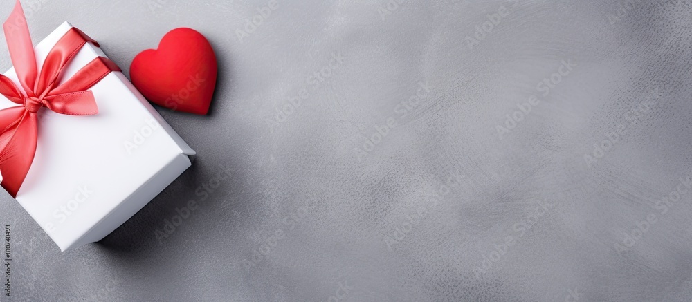 Aufkleber a flat lay top view of a valentine s day concept showing a white gift box and a red heart on a gray 