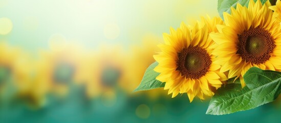 Obraz premium A stunning image of sunflowers with a vibrant green backdrop perfect for featuring copy space image