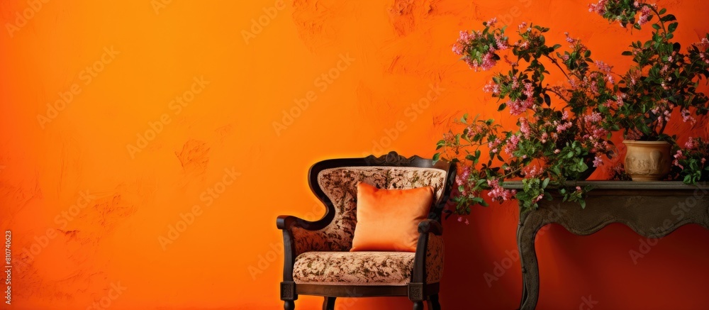 Poster an elegant armchair and table adorned with floral accents stand by a vibrant orange wall in this vis
