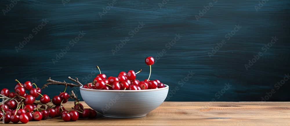 Aufkleber The wooden table serves as a backdrop for a porcelain bowl brimming with succulent dried sour cherries creating an inviting copy space image 149 characters