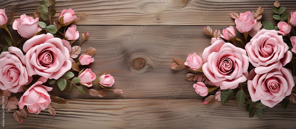 Poster A flower frame with roses placed on a weathered wooden board creating a pattern texture suitable for design purposes The composition offers ample copy space for an image