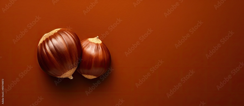 Aufkleber top view of an edible chestnut on a brown background with copy space image