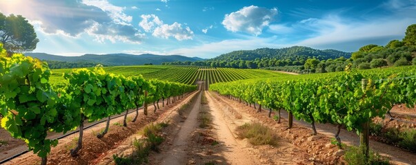 Vineyard in the wine region of the Penedes designation of origin in the province of Barcelona in...