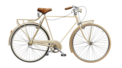 a classic bicycle with a step-through frame, brown saddle, and brown handlebars.