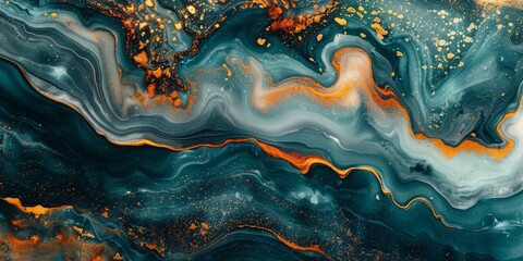 Flowing Modern Acrylic Pour Wallpaper in Beautiful Teal and Orange colors. Liquid texture with Gold Glitter.