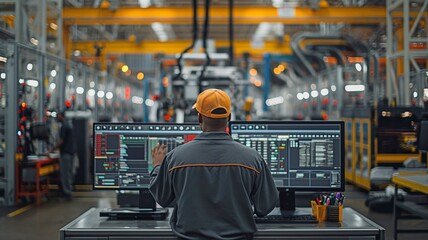 Manufacturing worker looking up assembly line performance data on a screen