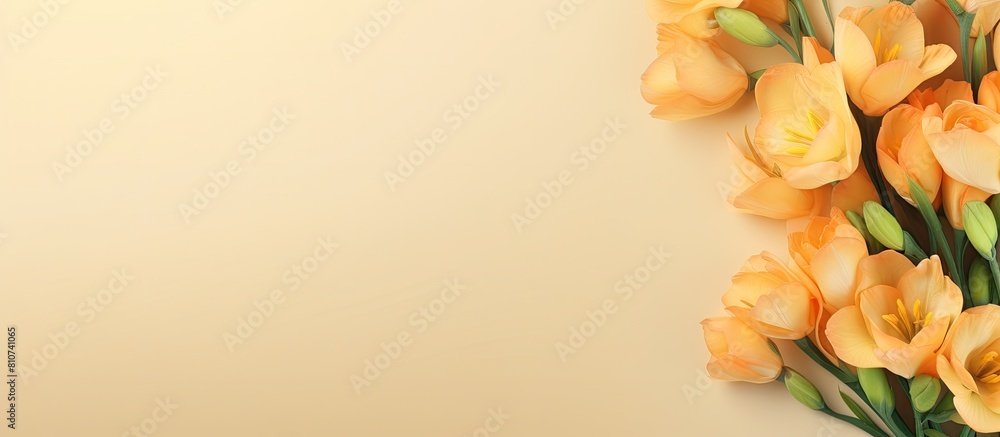 Aufkleber Banner design with a charming bouquet of freesia flowers on a beige background Perfect for adding text with enough room for copy space image