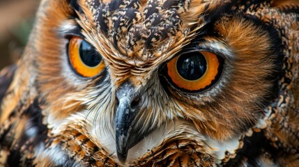 a close-up of an owl's face. The owl has big, round, orange eyes and a hooked beak. Its feathers are brown and black.