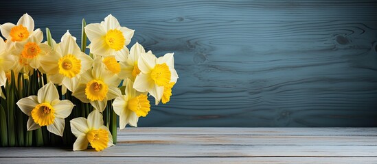 A copy space image of winter daffodils displayed on a rustic wooden table