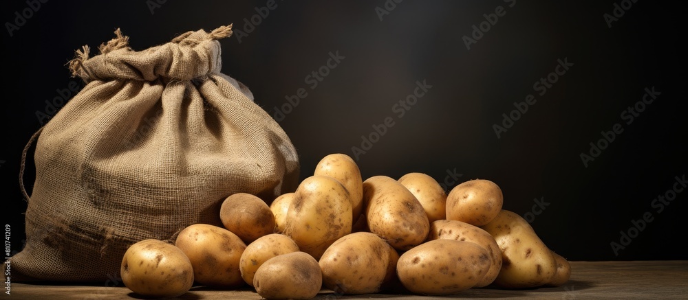 Poster a copy space image showcasing potatoes stored in a cotton bag along with a root vegetable scrubber