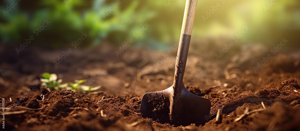 Poster Gardening tool being used to shovel soil outdoors creating ample space for text in the image