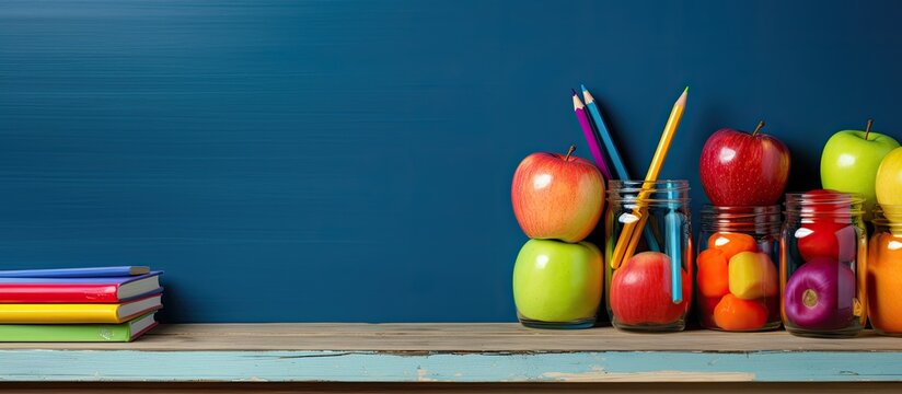 There is a copy space image of textbooks a jar of coloring pencils and an apple on a shelf
