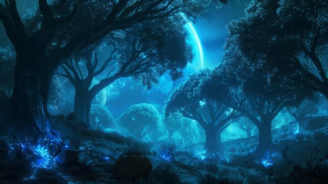 In the twilight zone of a tidally locked planet, bioluminescent trees create a glowing forest visible from space