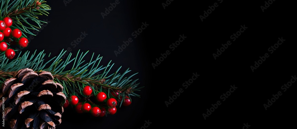 Poster a festive christmas background featuring a copy space image of a pine cone and a fir branch adorned 