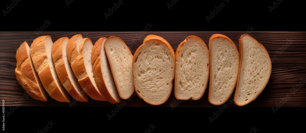 Poster a close up copy space image of bread slices arranged on a wooden board