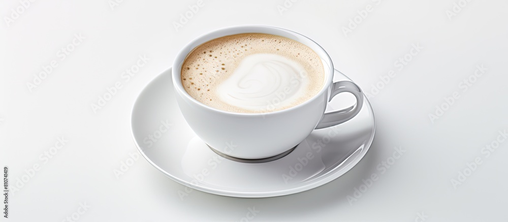 Poster A cup of coffee with creamer and sugar on a white background perfect for copy space image