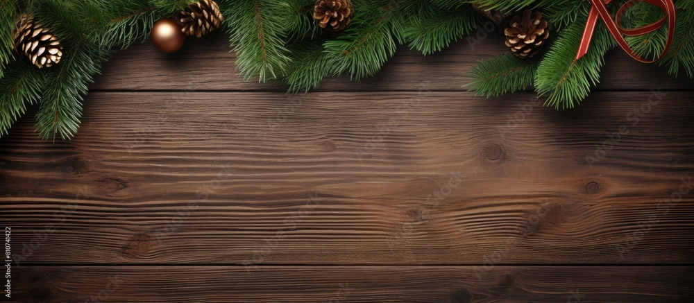 Fototapete A festive Christmas themed image featuring a wood texture backdrop with a square frame at the top showcasing a beautiful fir tree 152 characters. Creative banner. Copyspace image