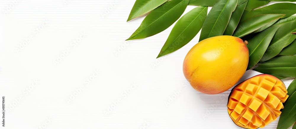Poster a vibrant tropical fruit design concept featuring a ripe mango chopped and adorned with green leaves