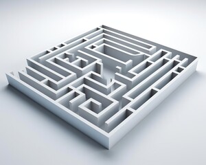 A 3D rendering of a maze. The maze is made of white walls and has a single entrance and exit. The maze is set against a white background.