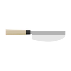 Sushikiri or sushi knife. Japanese kitchen knife flat design vector illustration isolated on white background. A traditional Japanese kitchen knife with a steel blade and wooden handle.