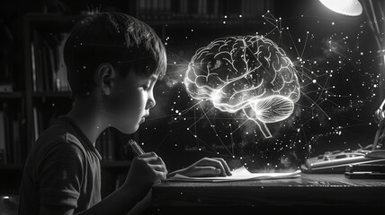 A black and white image capturing a young boy engrossed in his studies with a glowing illustration...
