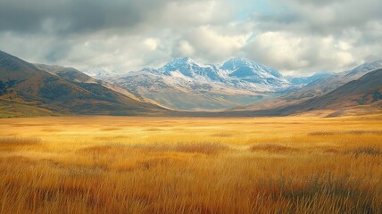 panoramic picture of a foggy day overlooking a valley with yellow harsh grass and a mountain range in the distance. - Powered by Adobe