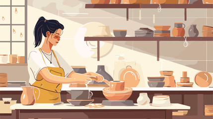 Focused woman making pot on potters wheel vector flat