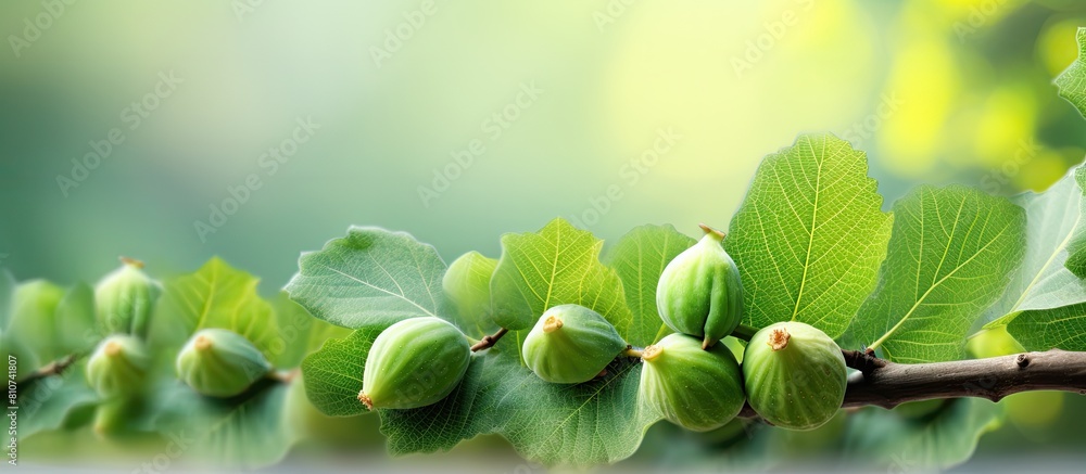 Poster A blurred background provides copy space for an image of a branch adorned with fresh green figs