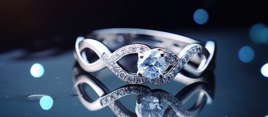 A concept of marriage represented by a copy space image of two diamond rings intertwined with hearts