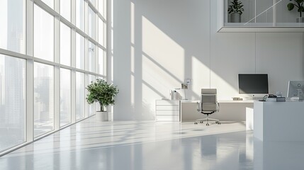 Modern white open space office interior with a mock-up wall for business presentations and collaborative workspaces