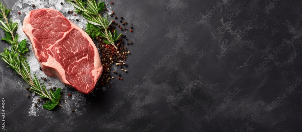 Aufkleber top view of a dry aged fillet mignon beef steak with herbs on a gray background showcasing the raw m