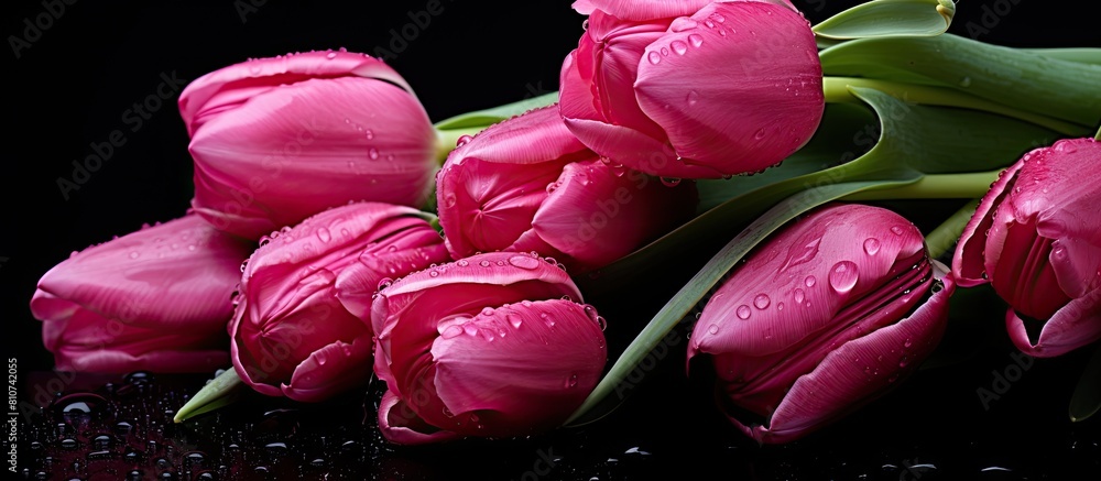Poster an isolated copy space image of wet tulips in a dark pink hue set against a black background