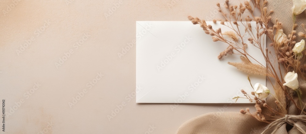 Poster Top view of a beige background with a mockup of an invitation or greeting card It features an envelope beautifully decorated with dry plants leaving ample copy space
