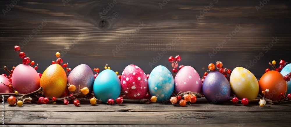 Poster a festive easter spring card with colored eggs placed on a wooden background providing a perfect cop