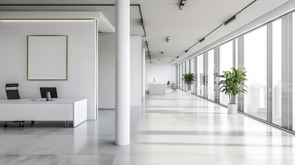 Modern white open space office interior with a versatile mock-up wall ideal for business presentations and design layouts