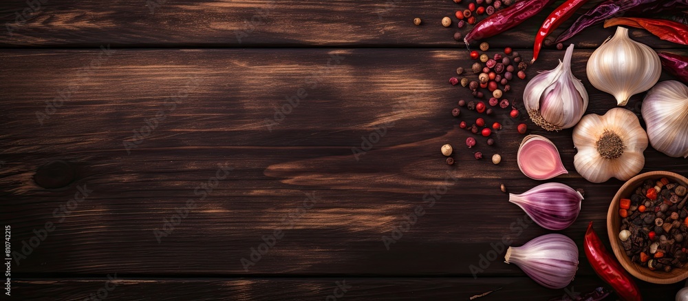 Aufkleber top view of garlic shallots and dried chili on a wooden background this copy space image portrays a 