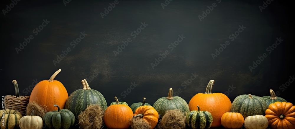 Poster there is a copy space image of squash and pumpkins on a blackboard