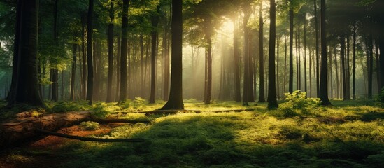 A natural and vibrant forest with trees creating a lush greenwood scenery illuminated by the warm sunlight in the background providing a perfect copy space image